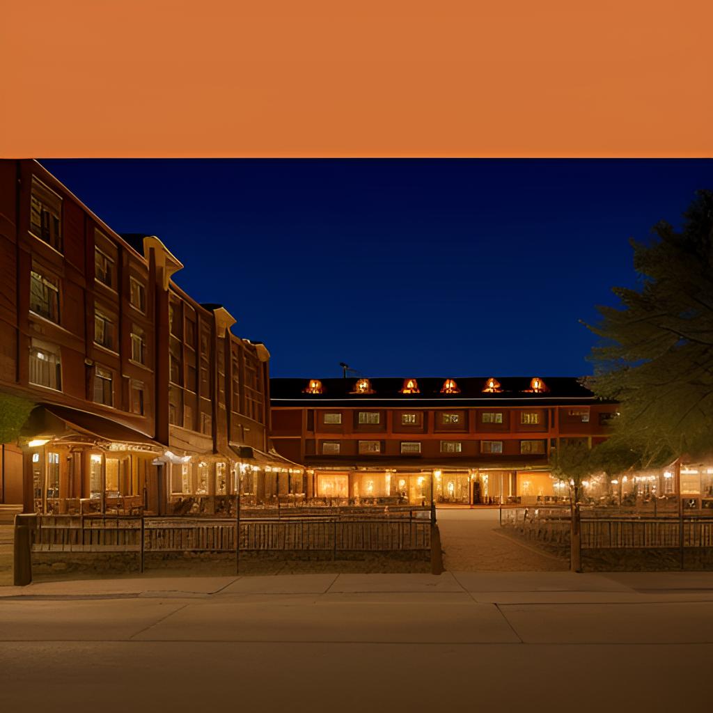 The Stockyard Hotel in Fort Worth's historic district is depicted in this image with a setting sun casting an orange-pink glow over cowboy-roamed streets; inside, guests dine and relax amid Western artwork and decor, while the Longhorn Room and Legend Ballroom await events for up to 300 attendees.