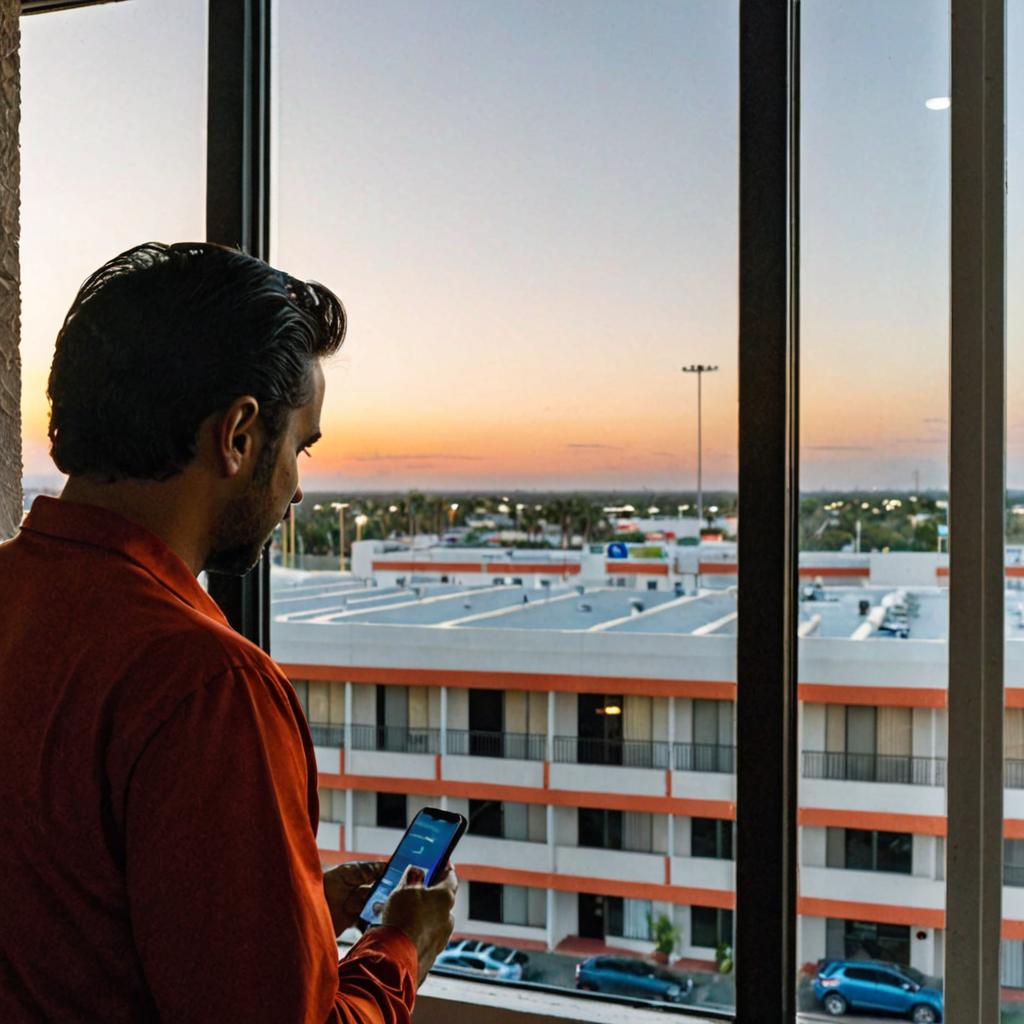 A traveler ponders between Motel 6 and Home2 Suite by Hilton in McAllen, with their back to both hotels' signs reflecting off windows; the cityscape including Music Club Tampico lies beyond.