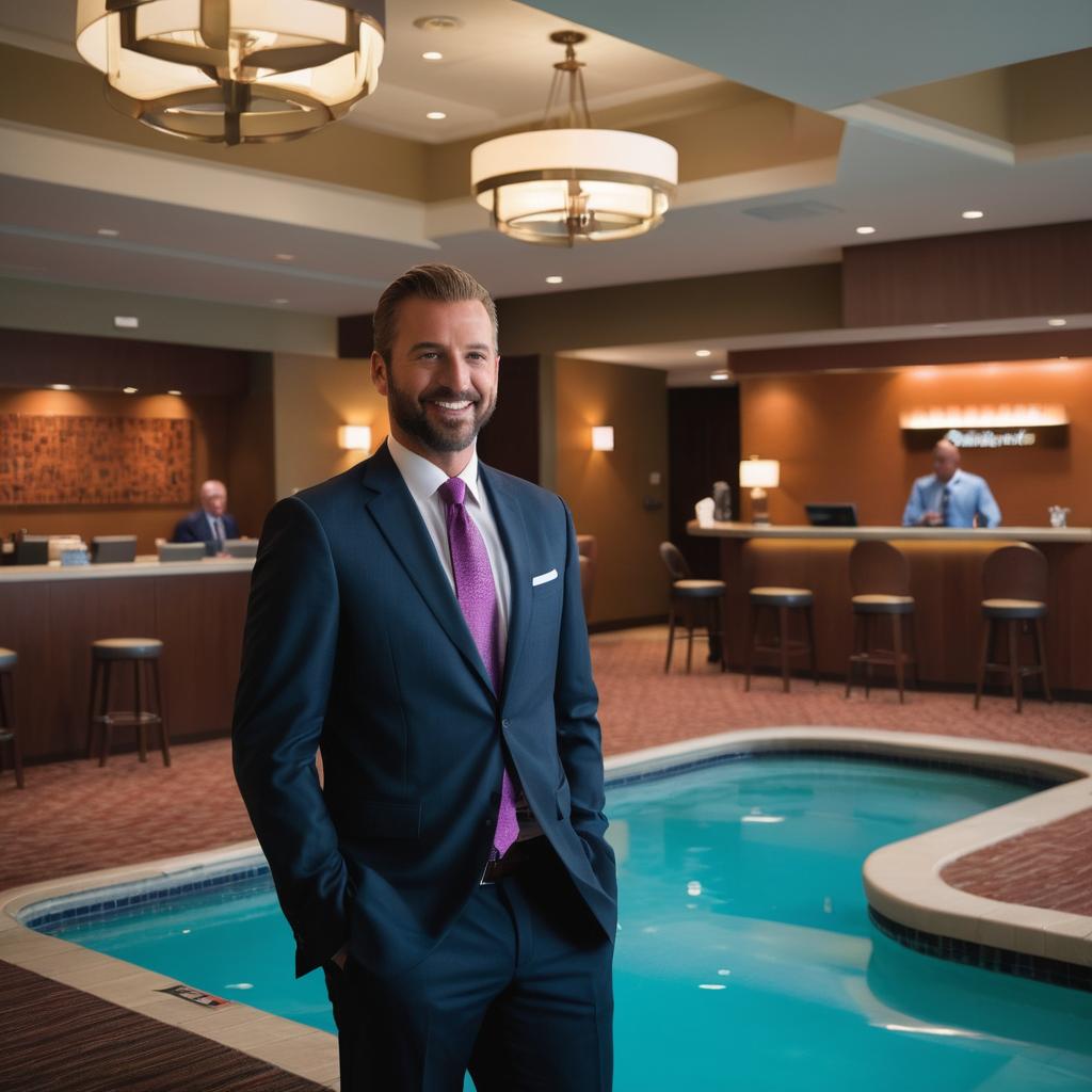A businessman stands at Courtyard by Marriott Denver Downtown's front desk, readying to request a pool room amidst the bustling scene, with the Grizzly Rose nightclub sign beckoning in the background.