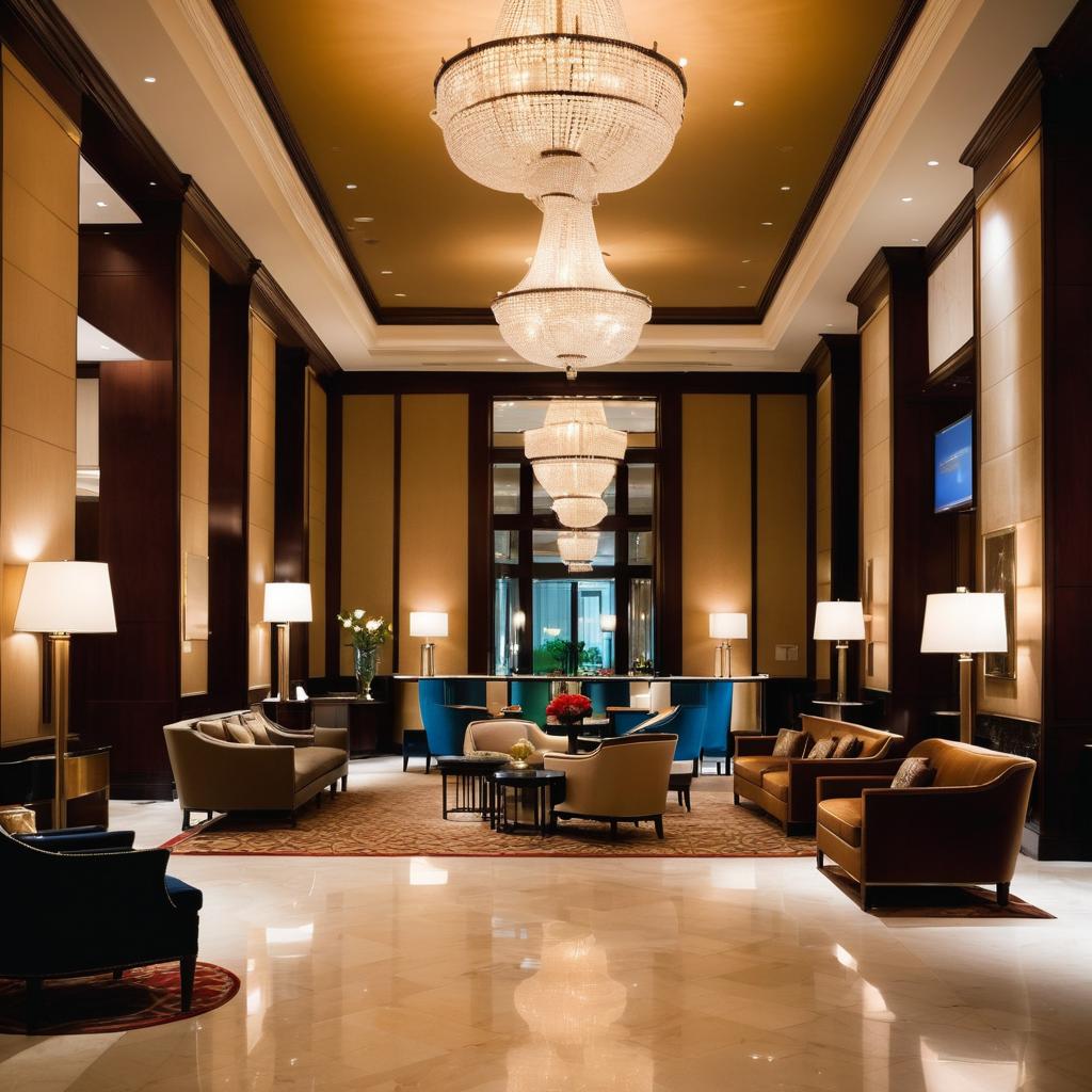 At The St. Regis Hotel in Houston, Texas, guests are greeted by a grand marble lobby with a chandelier, front desk assisting travelers, plush seating, a bustling bar, and art-adorned walls, exuding sophistication as they begin their luxury stay.