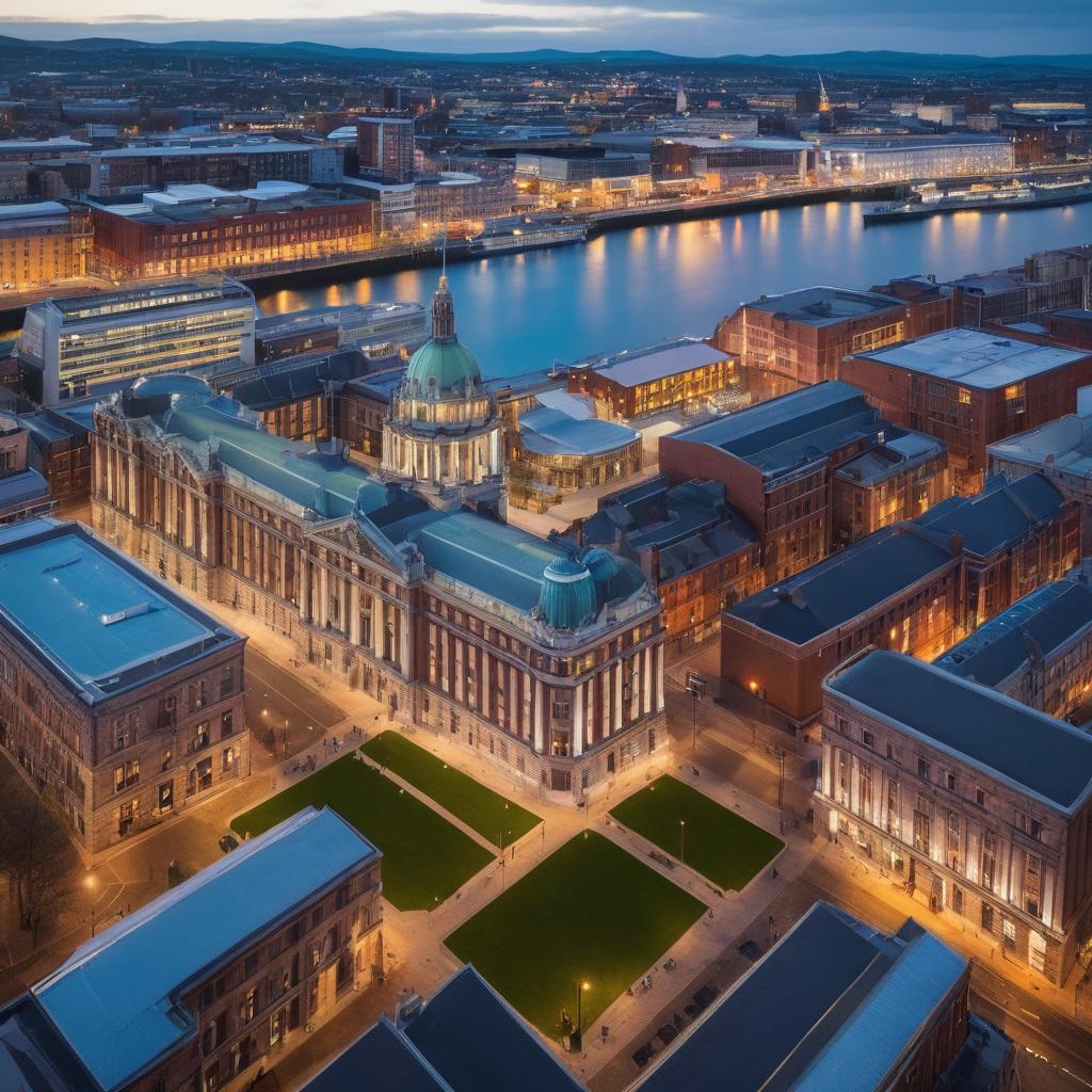 In this lively image of Belfast, a contemporary hotel boasts well-dressed guests and amenities like a pool and restaurant, while iconic landmarks like St. Anne's Cathedral and the Titanic Museum add cultural appeal; discover your ideal accommodation among the city's diverse offerings.