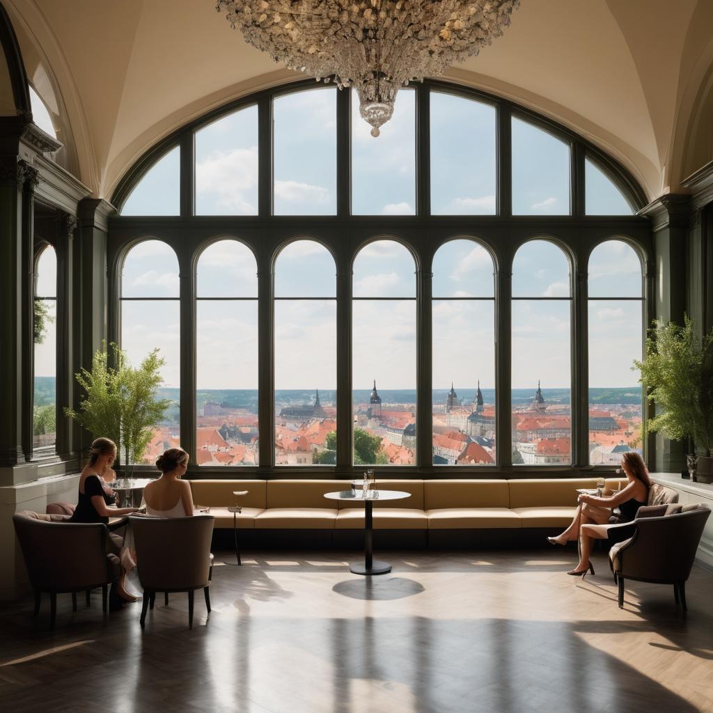 A luxurious Hotel Taschenbergpalais Keempinski DreSDen in Dresden offers refined accommodations with stunning city views, featuring guests relaxing at the spa and families checking-in, amidst elegant architecture, lush greenery, and top-rated amenities symbolizing Dresden's burgeoning tourism scene.