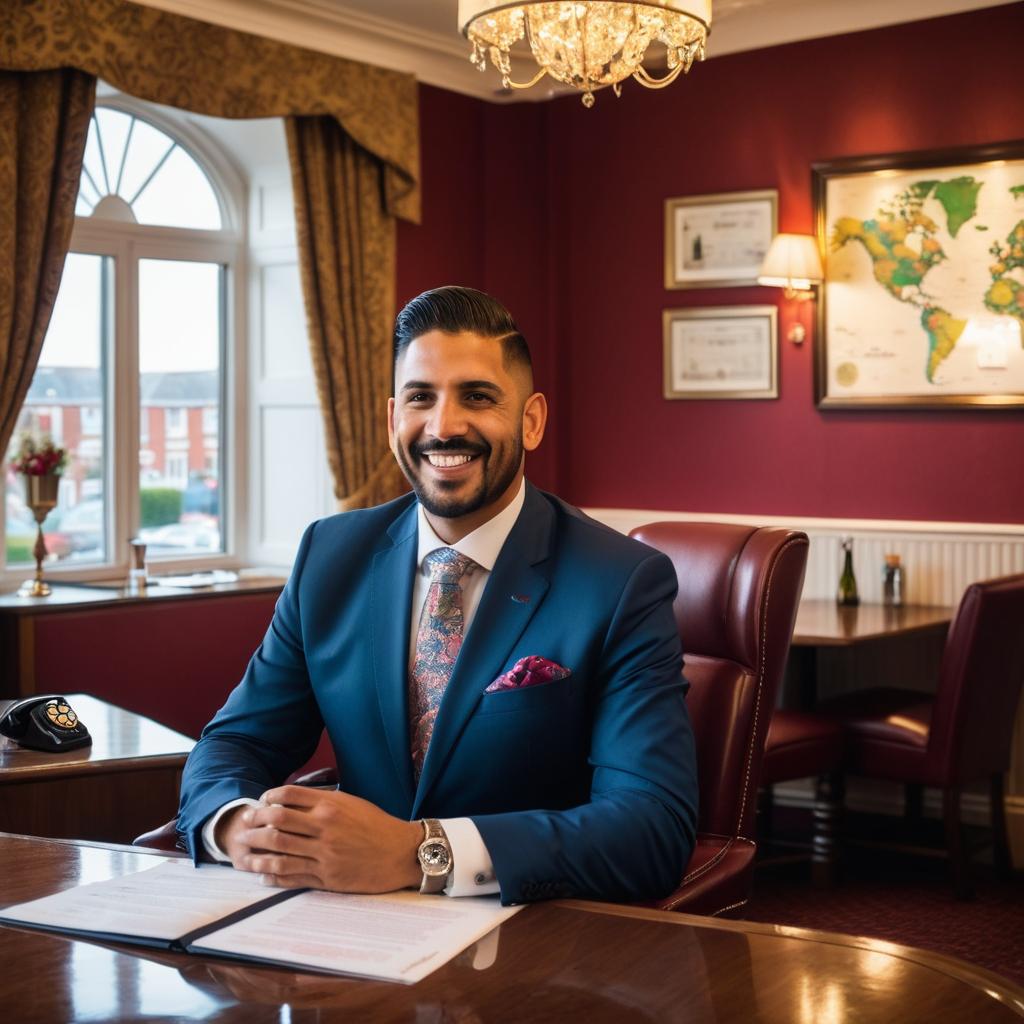 In this image, Zaander Ortega smiles from his crisp-suited office at Danescourt Lodge in Blackpool, where a world map showcases global clients and a phone call signifies attentiveness; meanwhile, guests enjoy meals at the inviting Kwizeen Restaurant Blackpool just 870 meters away, bathing both locations in warm lighting.