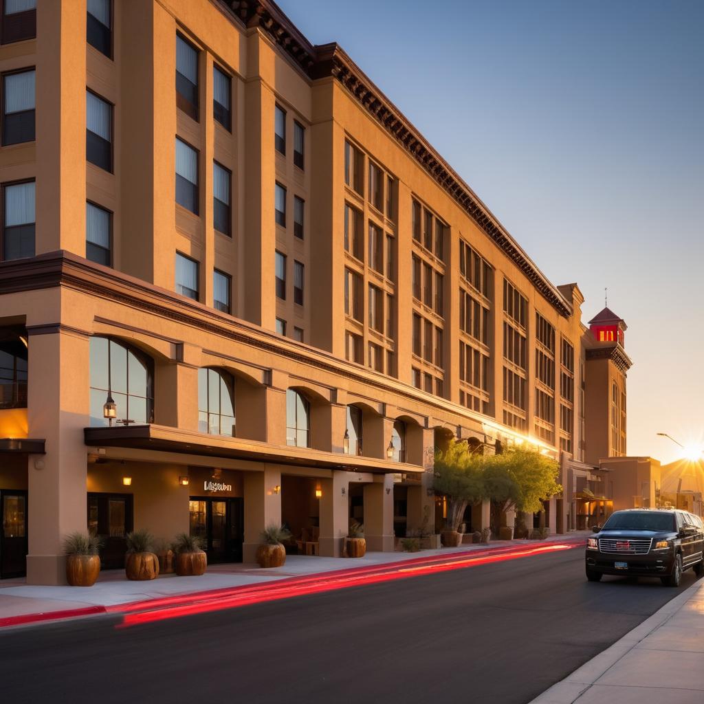 A sunset scene in El Paso, Texas, features tourists deliberating at the entrance of several hotels, including Hotel Indigo Downtown, Hilton Garden Inn Airport, The Woodhouse Day Spa, El Paso Marriott, Radisson Hotel Airport, and CasaBlanca Spa; Dr. Speencer Cantu from KERBERS Think-tank discusses market growth, highlighting the distinct architecture and amenities of these hotels.