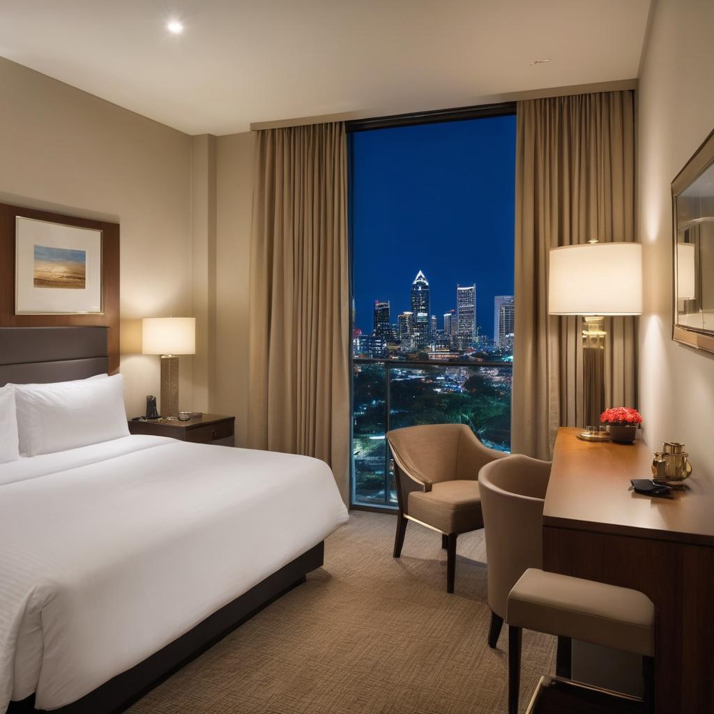 A luxurious Hotel Royal on The Park Brisbane room boasts a modern bathroom with an ice machine and shower, a king-sized bed, a TV, a table with drinks and books, plus a staff member, city skyline view, and cozy decor.