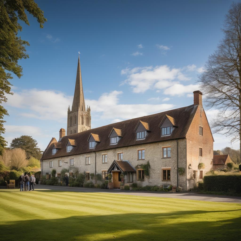 The Old Mill Hotel at Town Path, West Harnham, Salisbury, SP2 8EU, showcases its rustic charm among Salisbury's countryside and architecture while hosting a group of guests under a clear, blue sky, just a short distance from the city center and Cathedral.