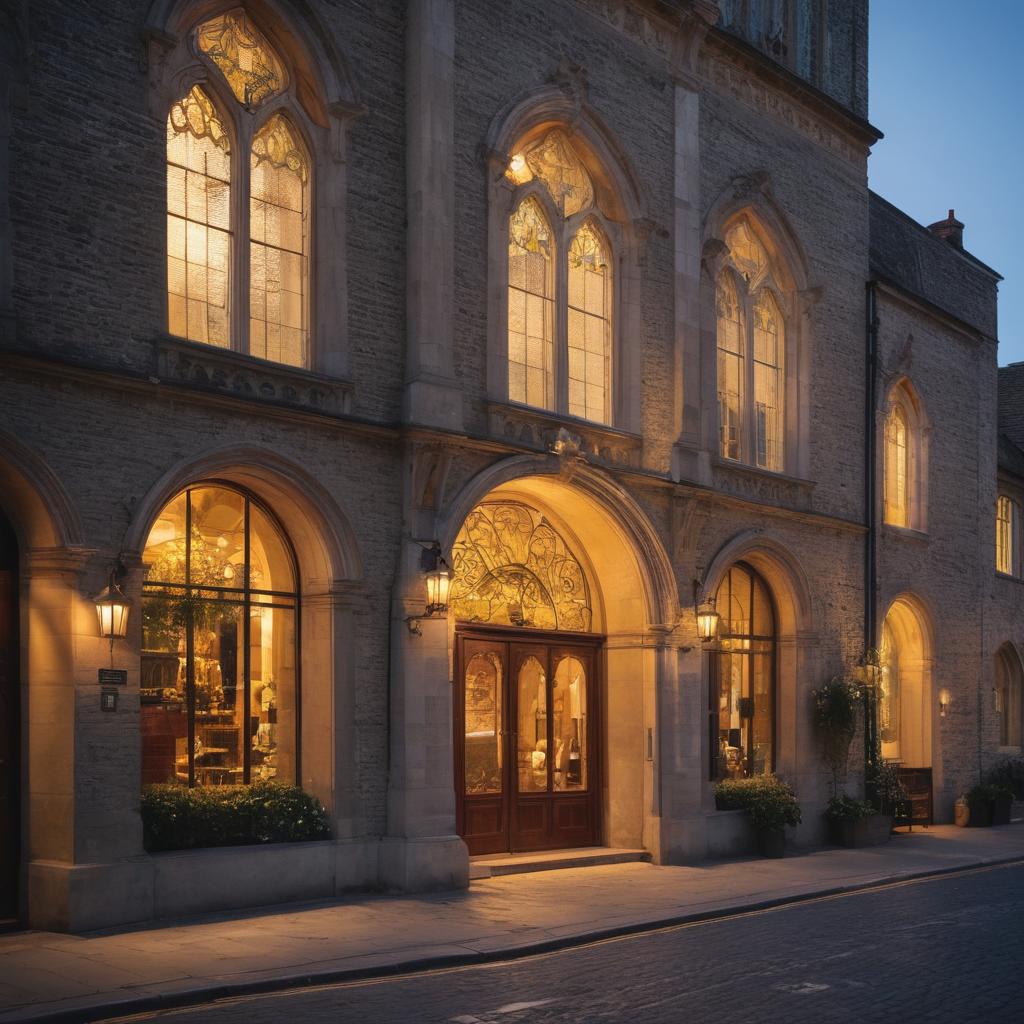 At night, an exquisite hotel in the heart of historic Winchester showcases its grandeur with tall lit windows and luxurious interior, while well-dressed guests socialize and iconic city landmarks, including the cathedral and market square, form a picturesque backdrop.