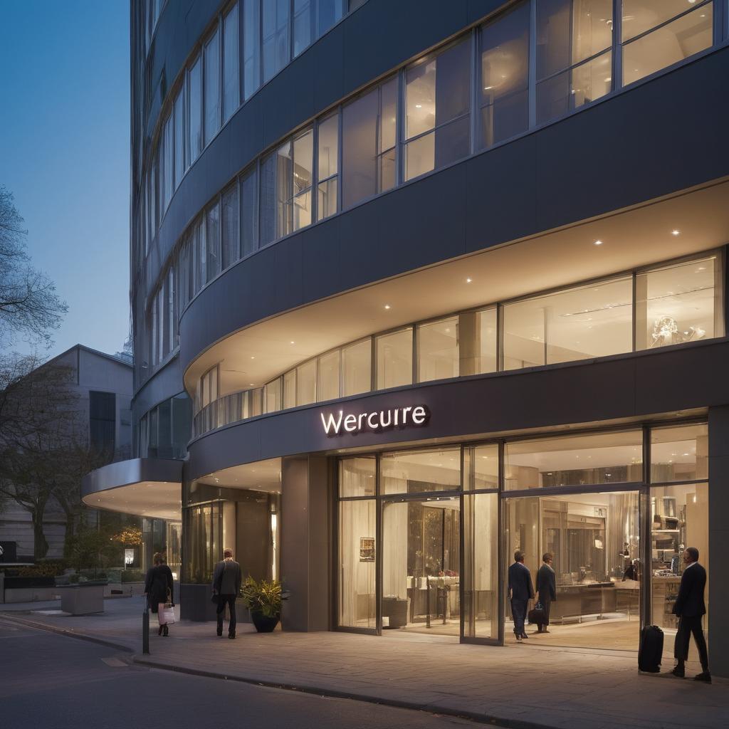 The Mercure Angers Centre stands out as a contemporary business hub in Angers, with its lit facade and bustling lobby where groups of professionals enter and exit, carrying luggage or engaging in work inside.