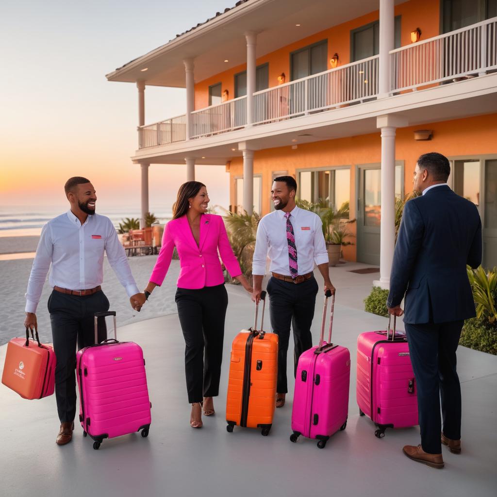 A picturesque beachfront scene in Oceanside, California, features smiling hotel staff greeting guests as they arrive with their luggage from top hotels - Fin Boutique Hotel, Southern California Beach Club, La Quinta Inn & Suite, SpringHill Suites by Marriott, and Wynham Oceanfront Pier Resort - against a stunning sunset backdrop.