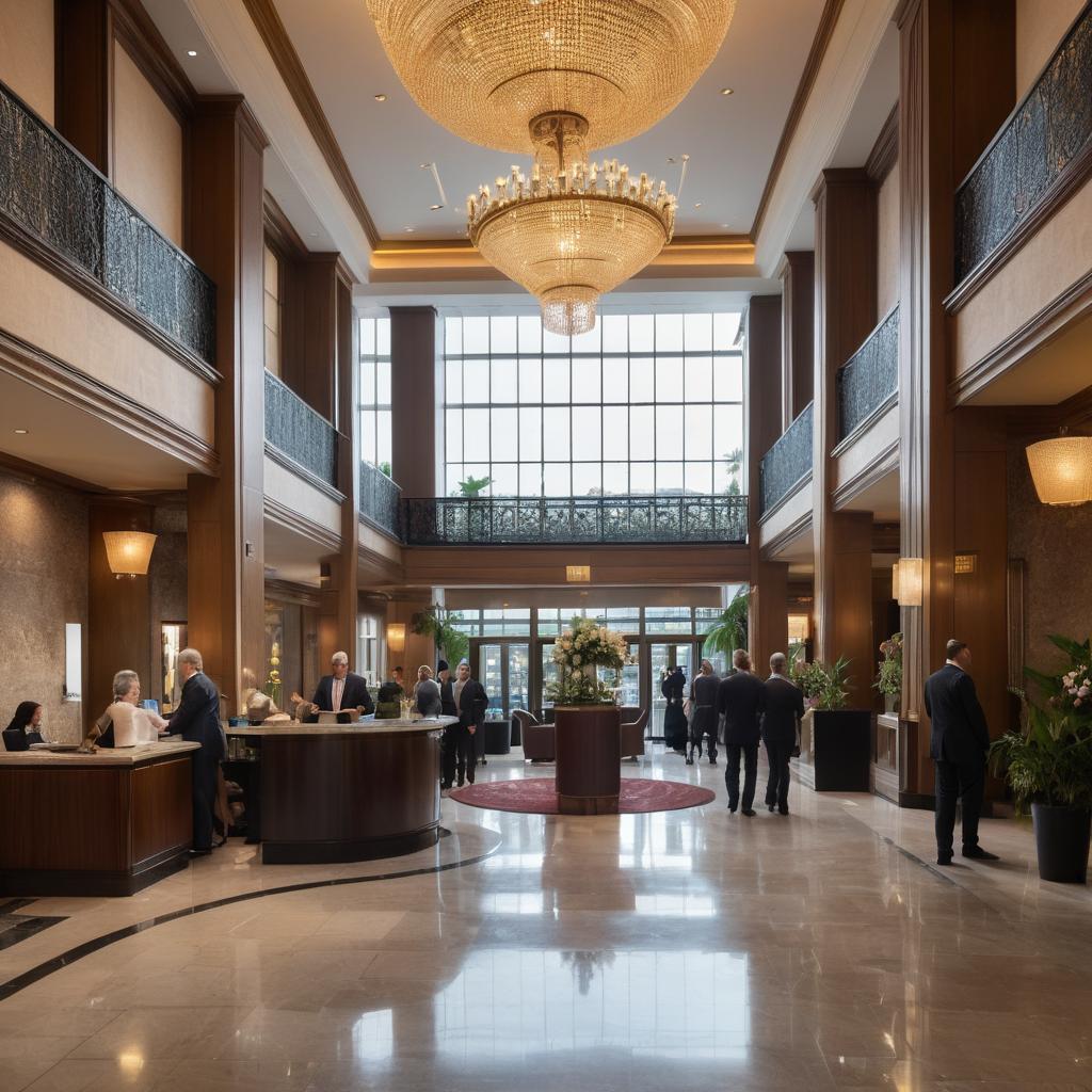 An upscale Nottingham hotel's bustling reception area boasts contemporary art, an impressive chandelier, and friendly staff assisting diverse guests while signs indicate elevators and a restaurant amidst the sophisticated yet chaotic atmosphere.