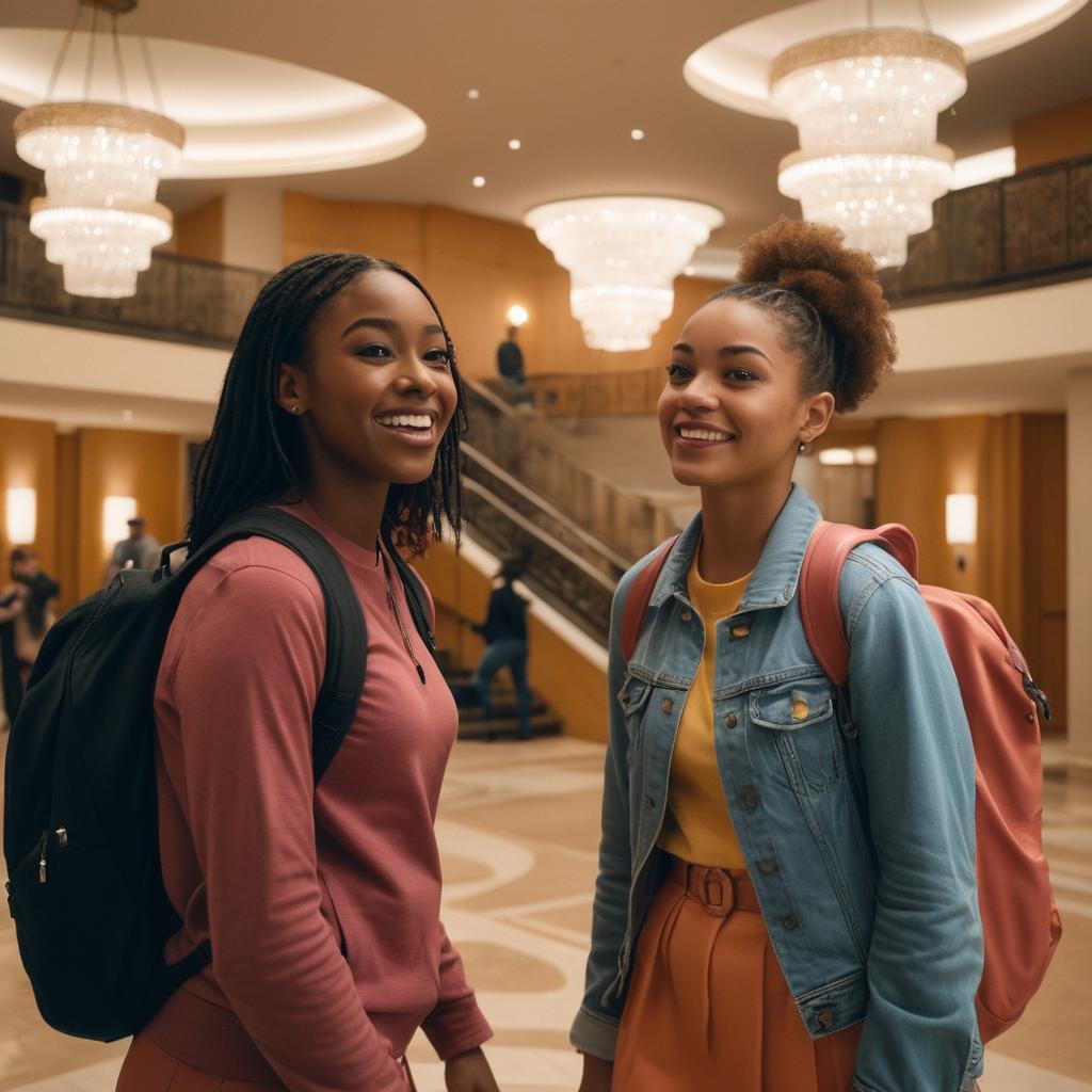 Amari Malone and her friend are surprised in Centro Hotel Klee am Park's lobby as they witness an intense movie scene filming, with wide eyes and backpacks ready for their upcoming exploration of Berlin.