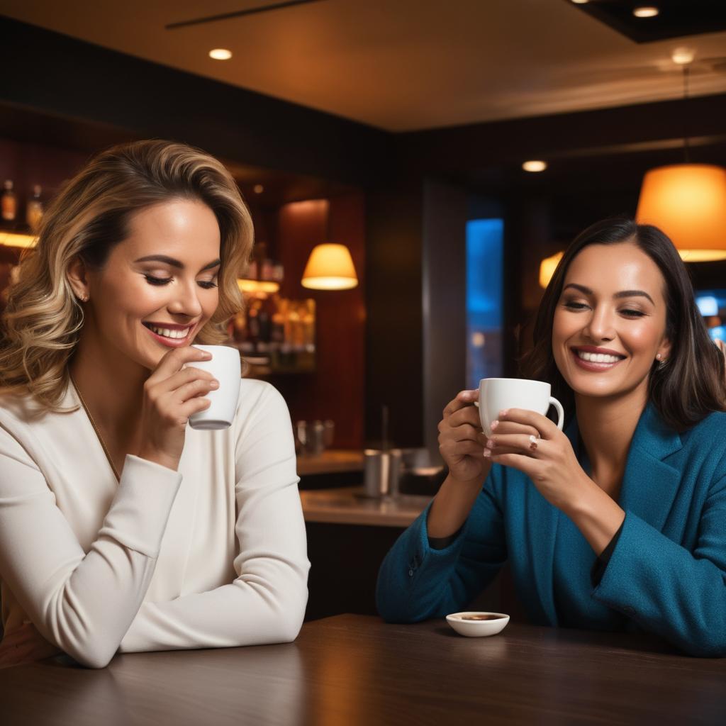 Two businessmen smile over their first cup of coffee from the newly installed Nescafé & Dolce Gusto Oblo machine in the lobby bar of Comfort Inn Bradford, marking their successful partnership, bathed in the warm glow of bar lights.