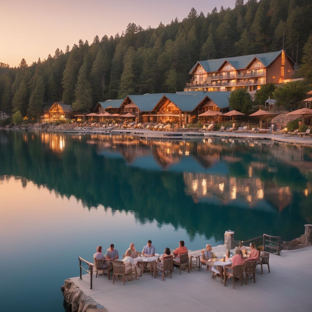 At sunset, Lake Arrowhead Resort and Spa is captured in a still image with family by lake's edge enjoying drinks, orange sky reflected in clear blue water, and resort buildings illuminated on hillside.