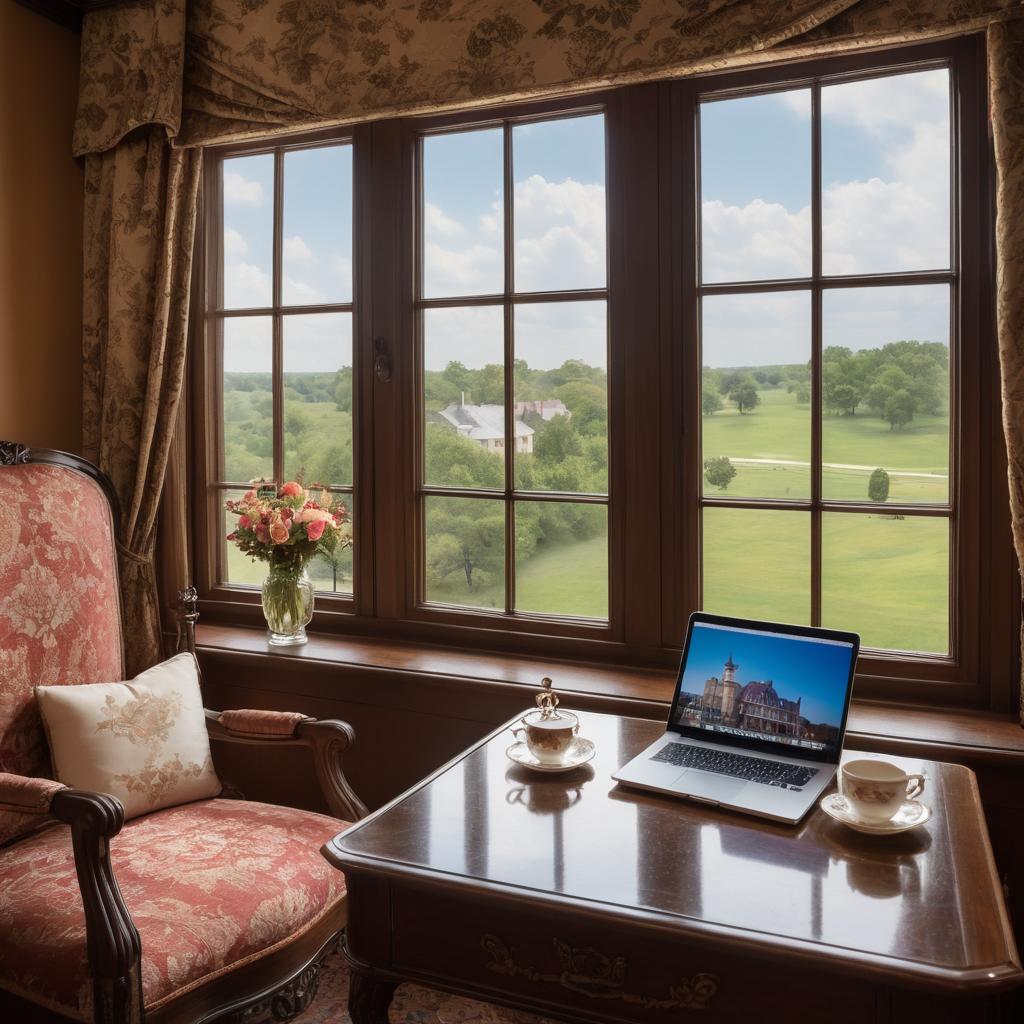 An elegantly decorated suite in a traditional Lewisville, Texas hotel is depicted through freeze-frame photography, featuring antique furnishings, plush bedding, classic artwork, a guest typing at a desk with tea, and an outdoor view showcasing the scenic surroundings.