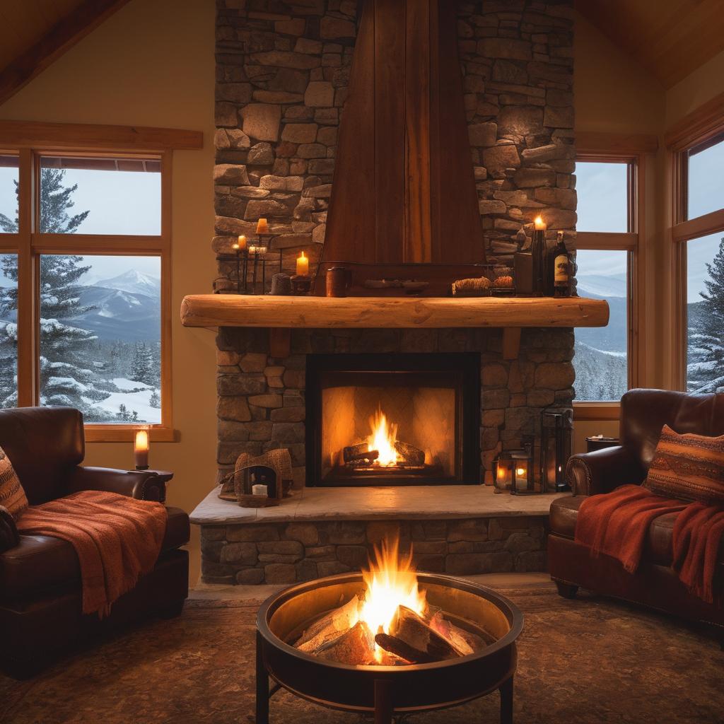 In a still image at The Lodge at Breckenridge in Frisco, a couple or individual relax by the fireplace, ensconced in blankets with steaming hot cocoa, enjoying mountain vistas through windows and basking in the fire's warm glow, their breath visible amidst the tranquil, luxurious retreat.