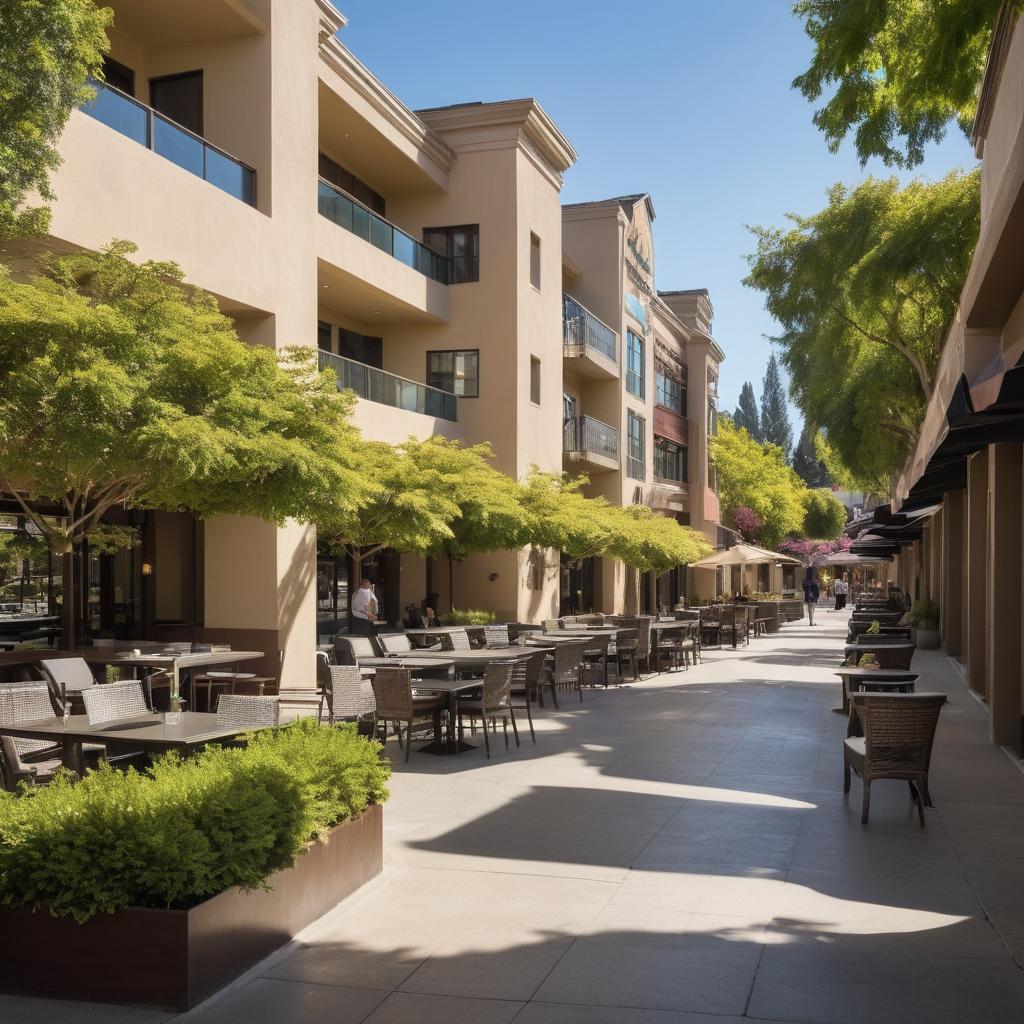 A bustling Sunnyvale street is filled with numerous hotels displaying diverse architectural styles under a midday sun, where tourists carry luggage and relax at outdoor cafes or rooftop pools, including a luxurious establishment with lush greenery and panoramic city views, amidst local attractions such as tech companies, shopping centers, and restaurants.