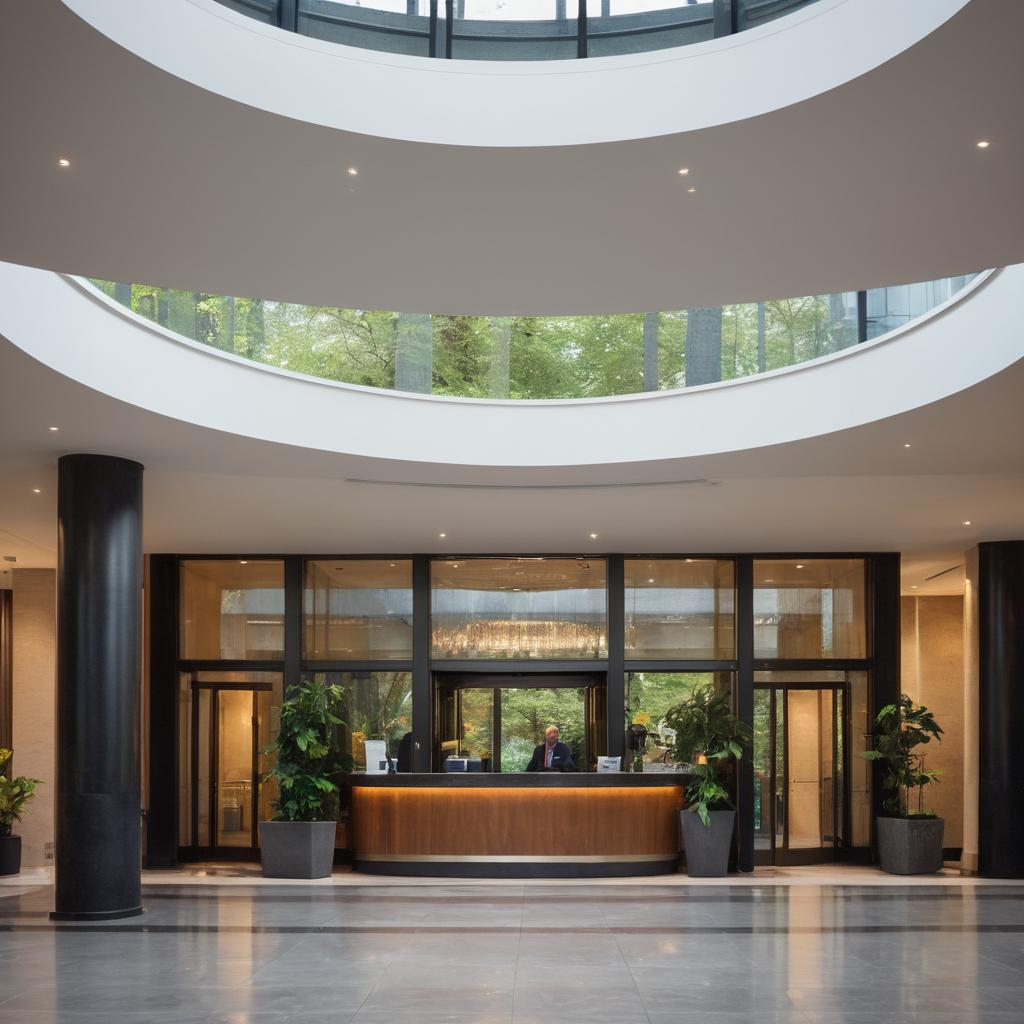The Dorint Park Hotel Bremen, nestled by Bürgerpark, is depicted in a still image with its contemporary architecture highlighted by floor-to-ceiling windows; guests check-in while enjoying park views, a doorman assists and taxis/cars wait, all surrounded by strolling parkgoers.