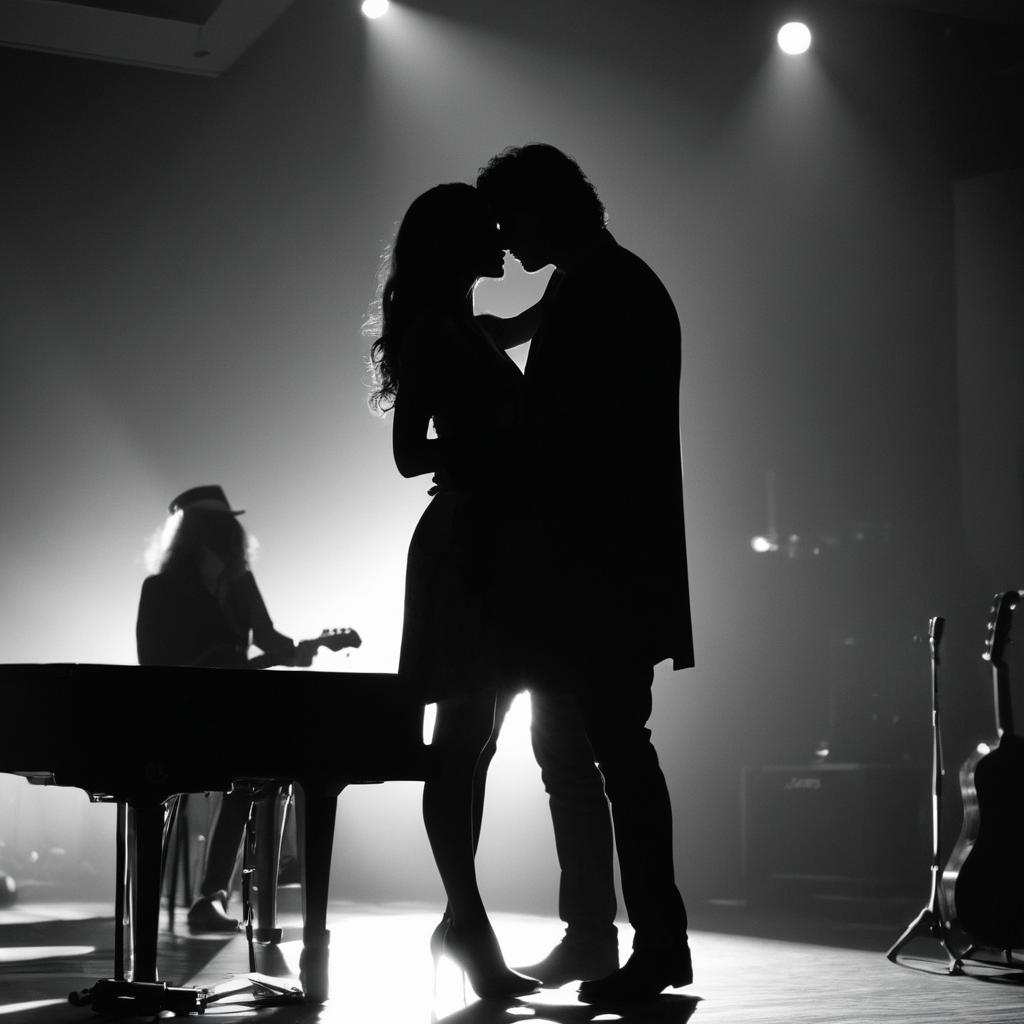 A guitarist mesmerizes Fairfield Inn's dimly lit audience in Anaheim, California, with his heartfelt performance, as a beautiful woman joins him onstage for a passionate kiss and applause, culminating in their departure hand-in-hand.