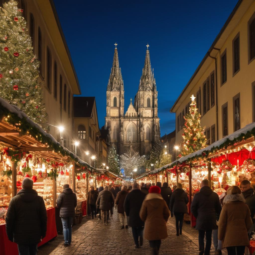 This image showcases the vibrant Cologne Christmas Market in the city center, where stalls brim with traditional goods and food, families gather around mulled wine, children play, a tall tree glitters, and the cathedral's illuminated facade overlooks the joyful scene filled with carols and festive cheer.