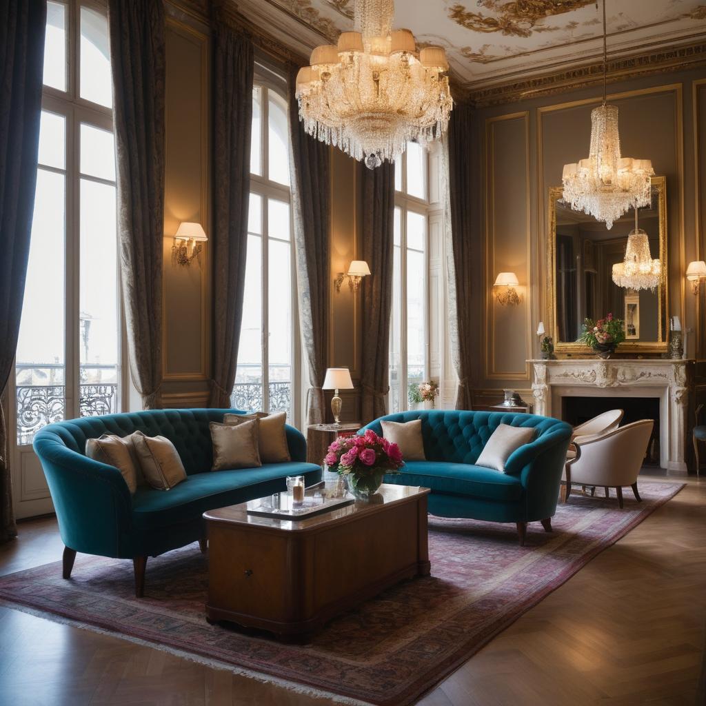 A luxurious lobby in Argenteuil's top-rated resort showcases guests checking in, greeted by a concierge with booking details, while surrounded by elegant furniture, chandeliers, local paintings, and enjoying coffee or emails amidst the scent of excellent service.