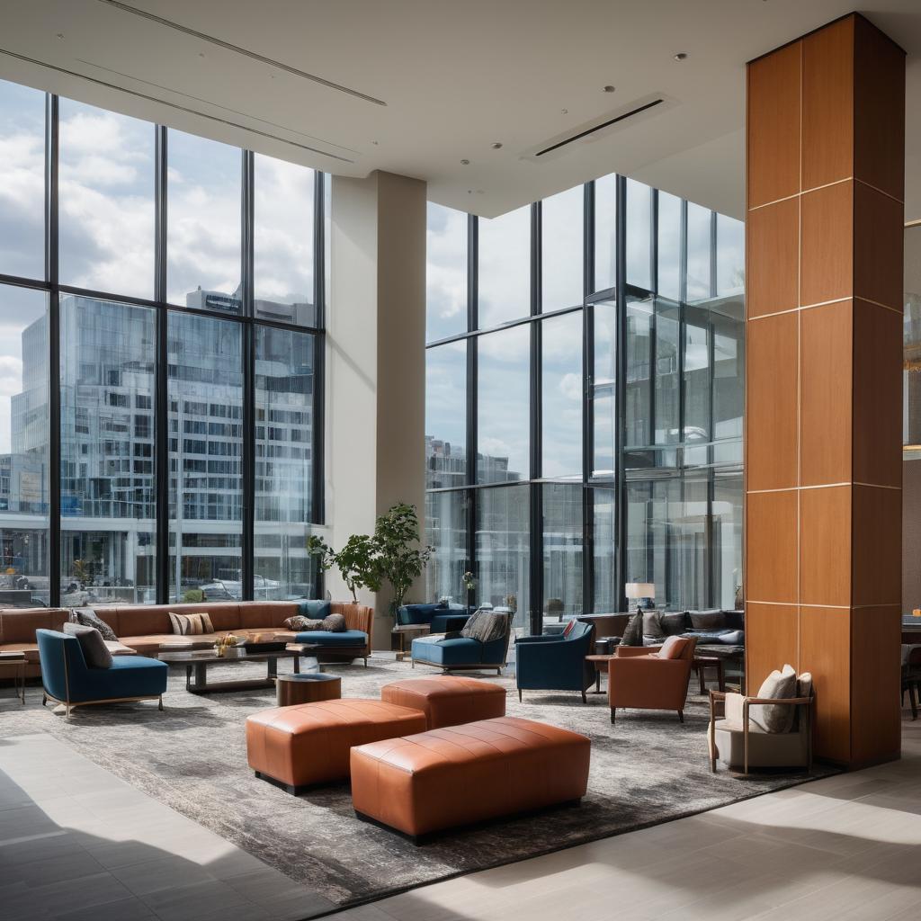 A modern Andaz Ottawa Byward Market hotel, with its striking glass entrance, dominates a lively city street in Ottawa Gatineau, bustling with pedestrians and vehicles, while inside, guests relax in the lobby and Judah Baird attends to services, symbolizing the district's thriving hospitality sector.